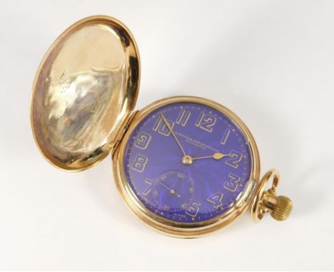 GOLD WATCH. A 9ct. gold cased full hunter pocket watch. Birmingham 1926. The blue enamelled dial signed S. Smith & Son (Siam)