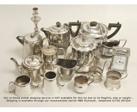 MISCELLANEOUS. EPNS including a carriage clock, a biscuit box, tea ware etc.