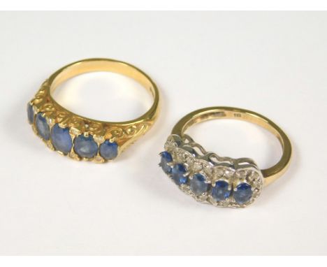 GOLD RINGS. An 18ct. yellow gold, Victorian style sapphire &amp; diamond ring (N). Also a 9kt. dress ring.