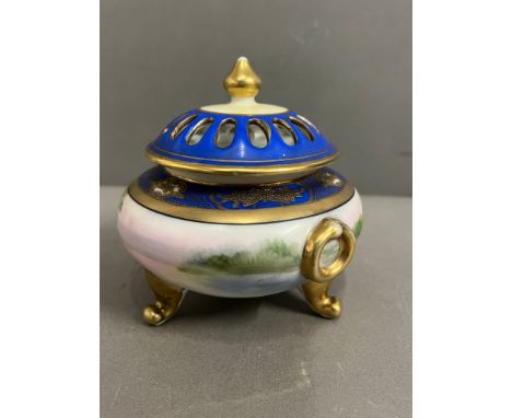 Noritake dresser jar, hand painted design with blue and gold accents potpourri or diffuser 