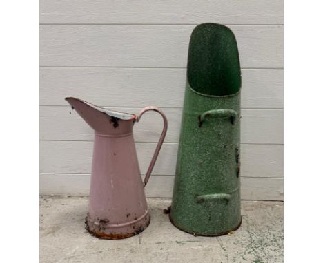 One enamel pitcher in pink and on coal scuttle 
