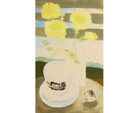 Mary Fedden OBE RA RWA,&nbsp;British 1915-2012 -&nbsp;Yellow Carnations and Cup, 1979;&nbsp;watercolour on paper, signed and 
