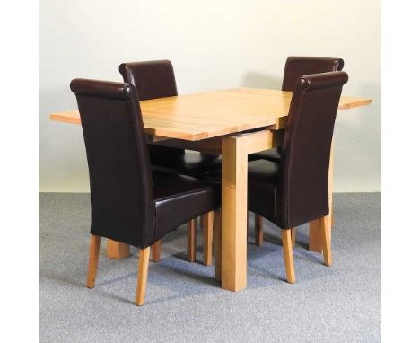 A modern light oak extending dining table, together with a set of four brown upholstered high back dining chairs (5)150w x 90