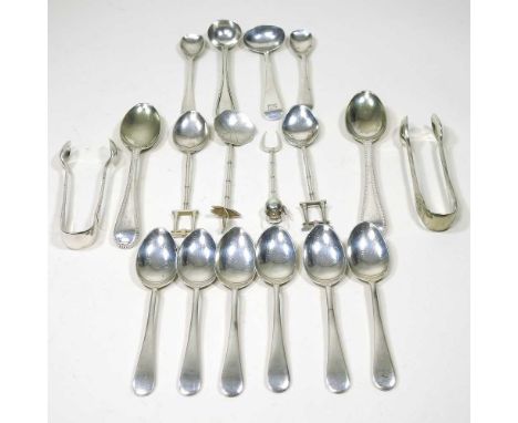A set of six early 20th century silver teaspoons, Sheffield 1946, 55g, together with a collection of silver teaspoons, tongs 