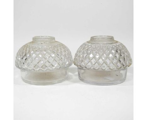 A pair of cut glass oil lamp fonts, each 14cm diameter (2)Both are dirty, with wear to the bases and light surface marks. No 