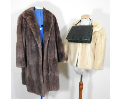 A vintage ladies three quarter length fur coat, together with a fur jacket and a vintage crocodile skin handbag (3)