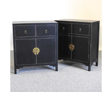 A pair of modern oriental black painted side cabinets (2)66w x 32d x 76h cmOverall complete and usable, but dirty with light 