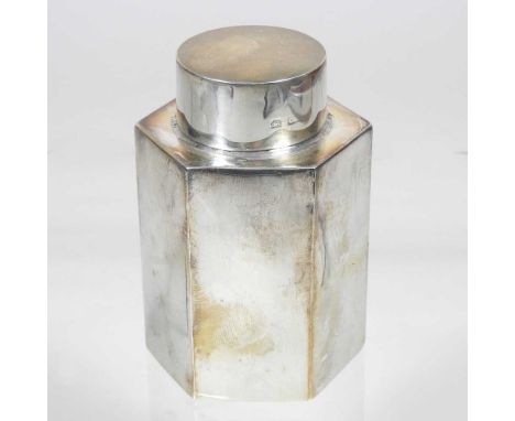 An early 20th century silver tea caddy, of hexagonal shape, marks rubbed, 95g, 9cm high