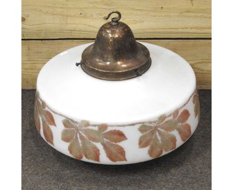 A large opaque glass light shade, decorated with flowers, 40cm diameter