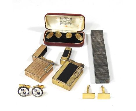 A pair of 9 carat gold cufflinks, 7.8g, cased, together with others, a Dunhill US patent pocket lighter, 12cm high and two vi