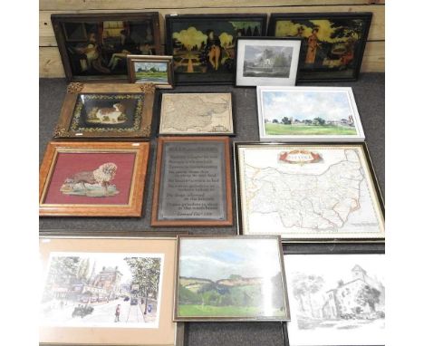 After Robert Morden, a map of Suffolk, 38 x 45cm, together with a collection of 19th century and later pictures and prints, t