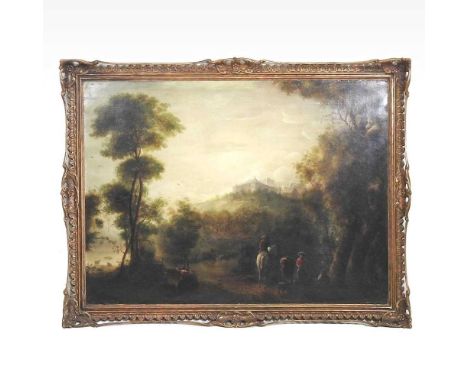 English school, 19th century, landscape with figures, oil on canvas, 87 x 115cmOverall condition is dirty, with some crazing 