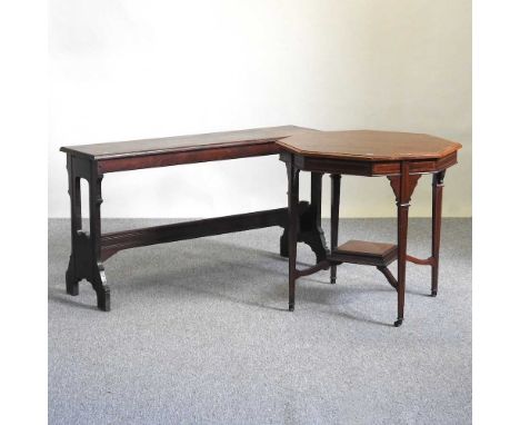 A Victorian mahogany bench, together with an Edwardian inlaid occasional table, 74cm diameter (2)29w x 33d x 68h cm