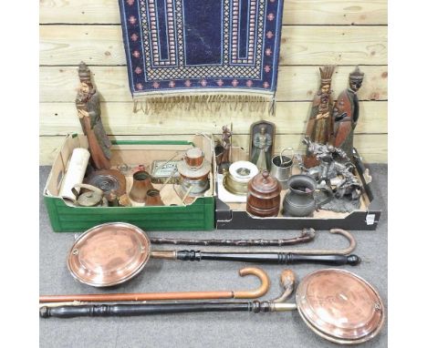 A collection of metal wares, to include walking sticks, pewter, barometer and a copper ship's lantern