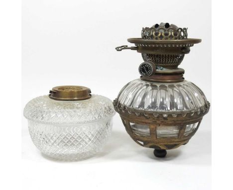 A 19th century glass oil lamp font, together with another (2)Dirty with light surface marks. Metal is tarnished.