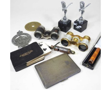 A collection of items, to include opera glasses, an African Automobile Association badge, cards and coins etc