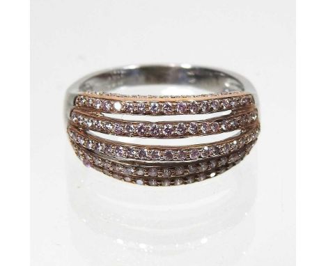 A 9 carat white gold pink diamond ring, set with five rows of stones, 4.5g, size R, boxedCondition is complete. Clearly hallm