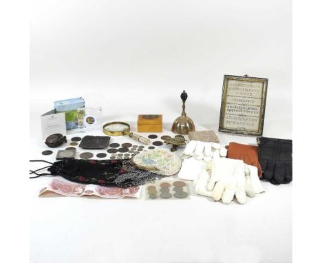 A George IV sampler, dated 1820, 16 x 11cm, together with a collection of coins, metalware, vintage ladies gloves and evening