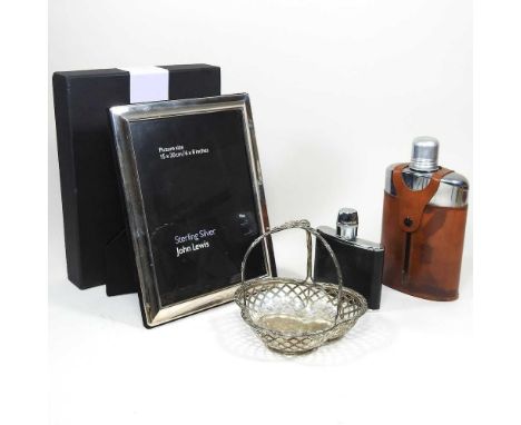 A modern sterling silver photograph frame, 23 x 18cm, together with an Edwardian silver basket, London 1905, 180g, 14cm diame