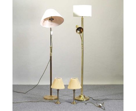 A modern standard lamp, with shade, 164cm high overall, together with another and a pair of table lamps (4)