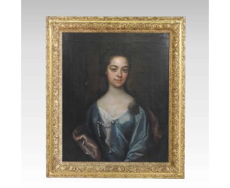 English school, 18th century, head and shoulders portrait of a young lady, in a blue dress, oil on canvas, 77 x 64cmHas two h