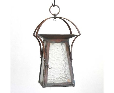 An Arts and Crafts copper and iron hall lantern, with glazed panels, 46cm highOverall looks to be complete, but is heavily ru