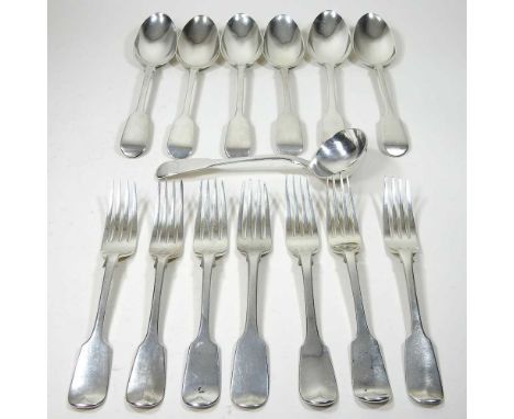 A matched Victorian and Georgian fiddle pattern silver part table service, comprising seven table forks, 523g, 20cm long, six