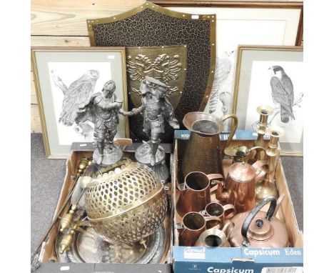 A collection of metalwares, together with three prints and a reproduction shield