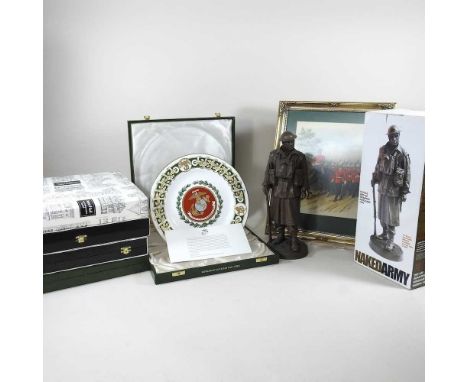 A collection of five Spode limited edition regimental plates, each boxed with certificate, together with a Naked Army resin s