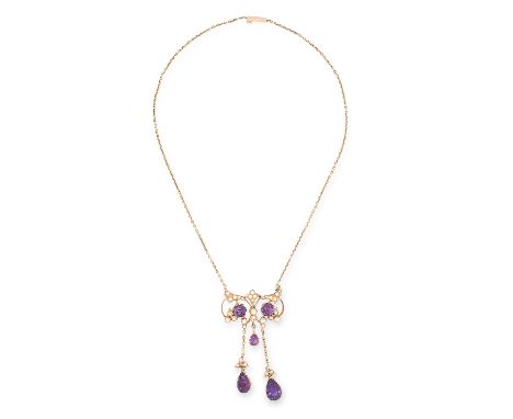 AN ANTIQUE EDWARDIAN AMETHYST AND PEARL PENDANT in yellow gold, in foliate design set with hexagonal cut amethyst in a border