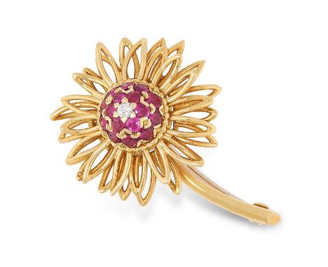 A VINTAGE RUBY AND DIAMOND FLOWER BROOCH, KUTCHINSKY 1966 in 18ct yellow gold, designed as a flower, set at the centre with a