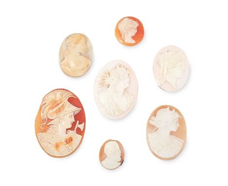 A SET OF SEVEN ANTIQUE CARVED CAMEOS each depicting a portrait of a figure, 37.2g total weight.