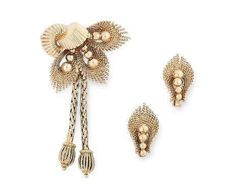 A VINTAGE BROOCH AND EARRING SUITE, KUTCHINSKY in 9ct yellow gold, depicting a beaded floral leaf suspending tassels, signed 