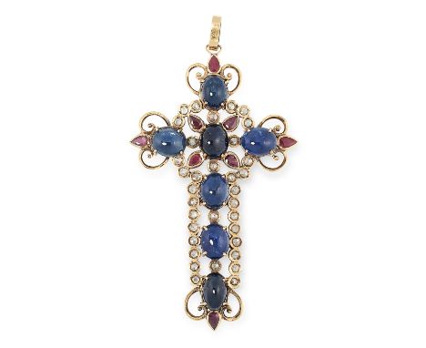 A SAPPHIRE, RUBY AND DIAMOND CROSS PENDANT set with cabochon sapphires, pear cut rubies and rose cut diamonds, 10cm, 33.0g. 