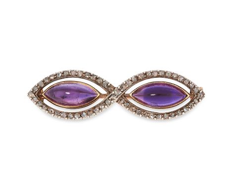 AN VINTAGE AMETHYST AND DIAMOND BROOCH, KOCH in yellow gold, in figure-of-eight form set with two cabochon amethyst in a bord