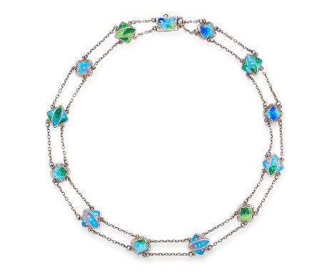 AN ART NOUVEAU ENAMEL NECKLACE comprising of thirteen blue, green and purple enamel links connected by lengths of chain, 42cm