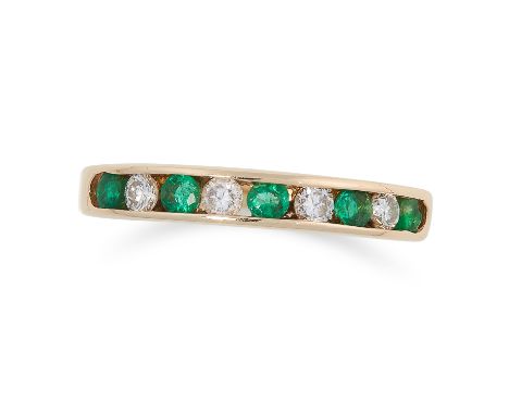 AN EMERALD AND DIAMOND HALF ETERNITY RING set with round cut diamonds and round cut emeralds, size K / 5, 1.2g 