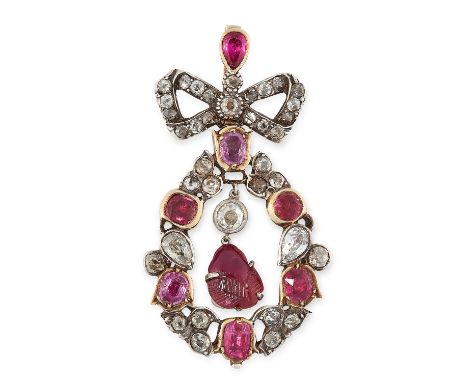 AN ANTIQUE RUBY AND DIAMOND PENDANT, EARLY 19TH CENTURY in yellow gold and silver, set at the centre with a Mughal carved rub