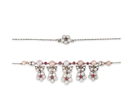 A RUBY, DIAMOND AND PEARL NECKLACE AND EARRING SUITE each set with a row of pearls suspending floral clusters of round cut di