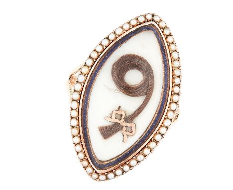 AN ANTIQUE PEARL AND ENAMEL HAIRWORK RING comprising of a curl of hair in a locket set with blue enamel and seed pearls, size