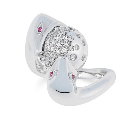 RUBY AND DIAMOND SERPENT RING, BOUCHERON comprising of two snakes set with round cut diamonds and rubies, size N / 7, 15g.