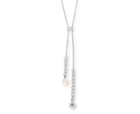 AN ANTIQUE NATURAL AND PEARL LAVALIER NECKLACE, CIRCA 1910 in 18ct white gold, the chain connected by a diamond set connector