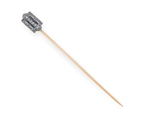 AN ANTIQUE ART DECO SAPPHIRE AND DIAMOND STICK PIN in Art Deco design set with rose cut diamonds and step cut sapphires, 6.7c