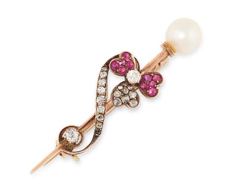 AN ANTIQUE PEARL, RUBY AND DIAMOND BROOCH depicting a clover in scrolling design, set with old and rose cut diamonds, round c