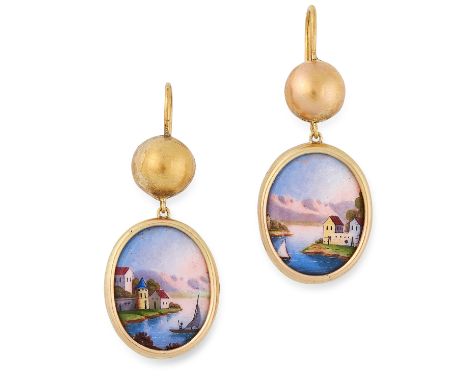 A PAIR OF ANTIQUE SWISS ENAMEL EARRINGS, 19TH CENTURY in high carat yellow gold, each set with an oval painted enamel plaque 