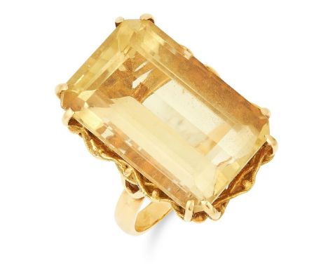 VINTAGE CITRINE DRESS RING, set with an emerald cut citrine set within a basket design gallery, size Q / 8, 15.1g. 