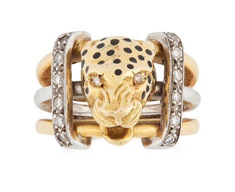 A DIAMOND AND ENAMEL PANTHER RING, SCHWARTZ in 18ct yellow gold and platinum, the trifurcated band is set with an enamel pant