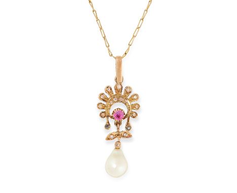 A PEARL, DIAMOND AND RUBY PENDANT AND CHAIN in foliate design, set with a round cut ruby, rose cut diamonds and suspending a 