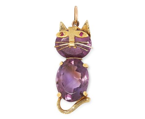 A VINTAGE AMETHYST AND RUBY CAT PENDANT, 1970s set with two oval cut amethysts forming the body and head, with overlaid gold 