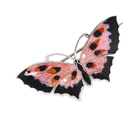 AN ANTIQUE ENAMEL BUTTERFLY BROOCH, CIRCA 1920 in sterling silver, designed as a butterfly, decorated in red, pink and black 